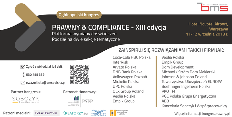 11-12.09.2018 XIII Konferencja Ogólnopolski Kongres Prawny & Compliance 2018 Warszawa 